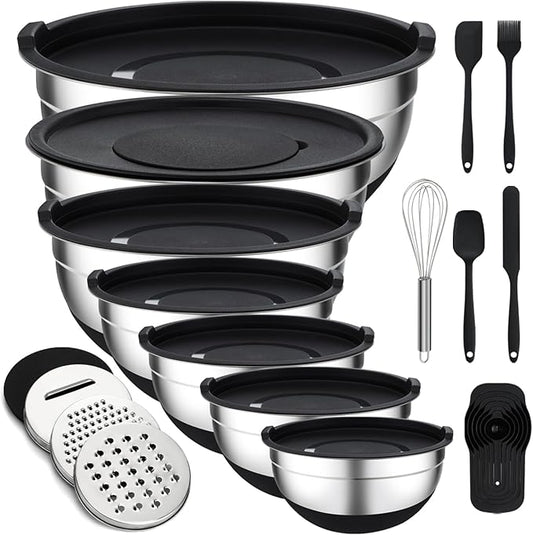Unokit Mixing Bowls with Lids Set - 7 Pcs Stainless Steel Mixing Bowls with 3 Grater Attachments, Non-Slip Silicone Base Mixing Bowl Set for Kitchen