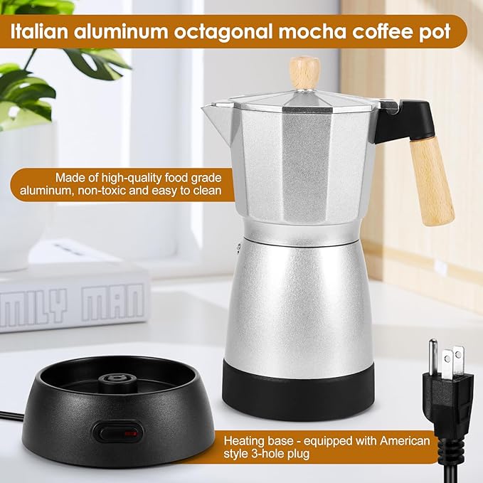 AOZBZ Moka Pot Electric Espresso Coffe Maker, 300ml 6 Cups Portable Coffee Pot with Overheat Protection and Detachable Base, Electric Espresso Maker, 450W, Silver