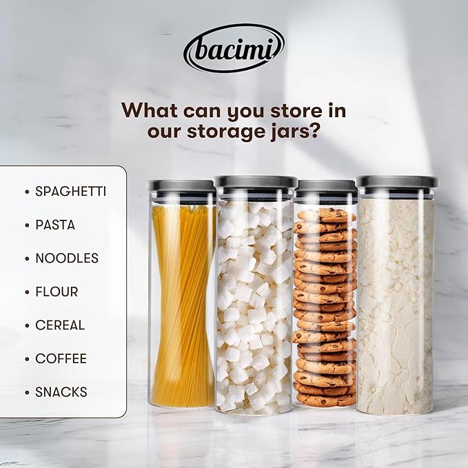 Bacimi® Airtight Borosilicate 3mm thick Glass Storage Containers for Spaghetti, Pasta, Noodles, Linguini, Lasagna, Flour, Cereal, Coffee, Multi Purpose Food Jar, Canisters for Kitchen, Pantry 67oz Ea