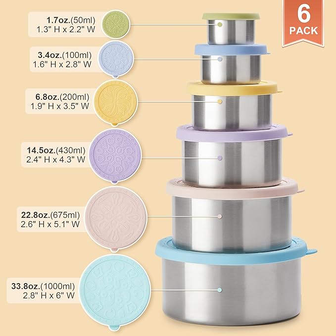 Stainless Steel Food Container, Set of 6, Nesting Bowls with Colorful Lids, stackable leakproof Metal Lunch Box Set for Kids, Daycare, School, Travel. Sauce Salad dressing Container to go (Harmony)
