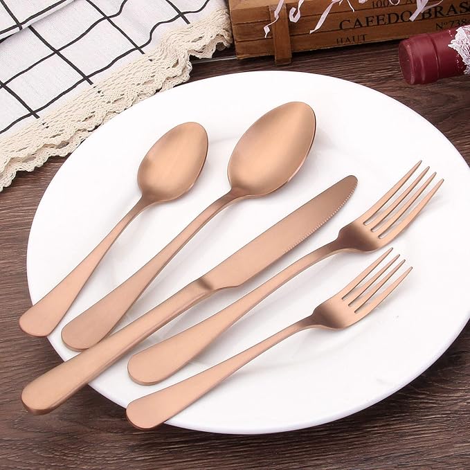 Matte Rose Gold Silverware Set , Satin Finish 20-Piece Stainless Steel Flatware Set with Round Edge,Kitchen Utensil Set Service for 4 , Dishwasher Safe