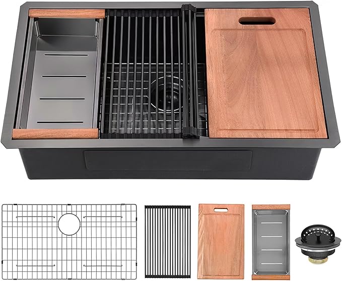 33 inch Gunmetal Black Undermount Kitchen Sink, Hausinluck Stainless Steel Undermount Workstation Sink 16 Gauge, Handmade Single Bowl Kitchen Sink with Ledge and Accessories (Pack of 5)