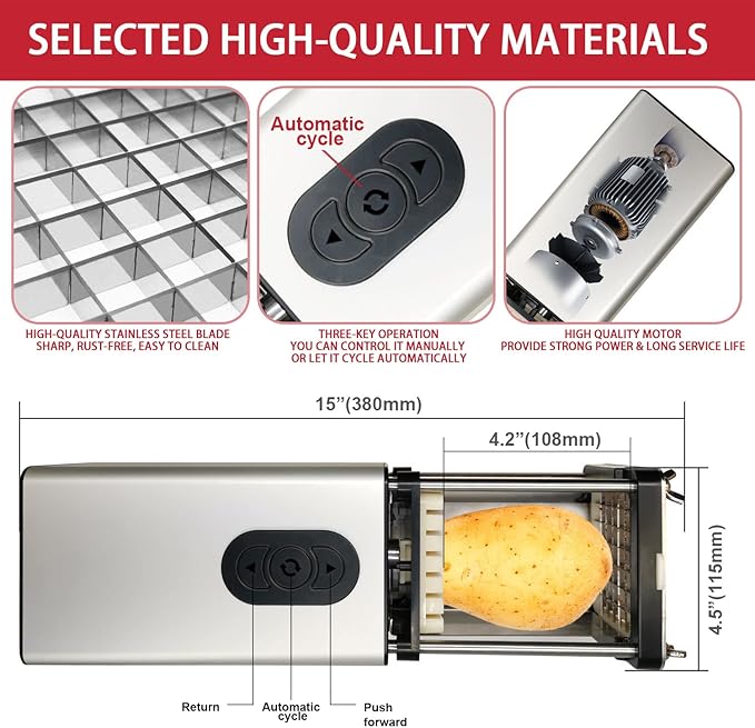 Electric French Fry Cutter, French Fry Cutter Stainless Steel with 1/2 & 3/8 Inch Blade, French Fries Cutter for Restaurants & Home Kitchen, Use for Potatoes Carrots, Cucumbers