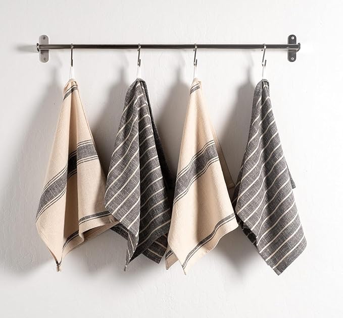 KAF Home Natural Rustic Farmhouse Slubbed Kitchen Towel | 100% Cotton Dish Towel, 18 x 28 Inches | Soft and Absorbent (Black, Set of 4)