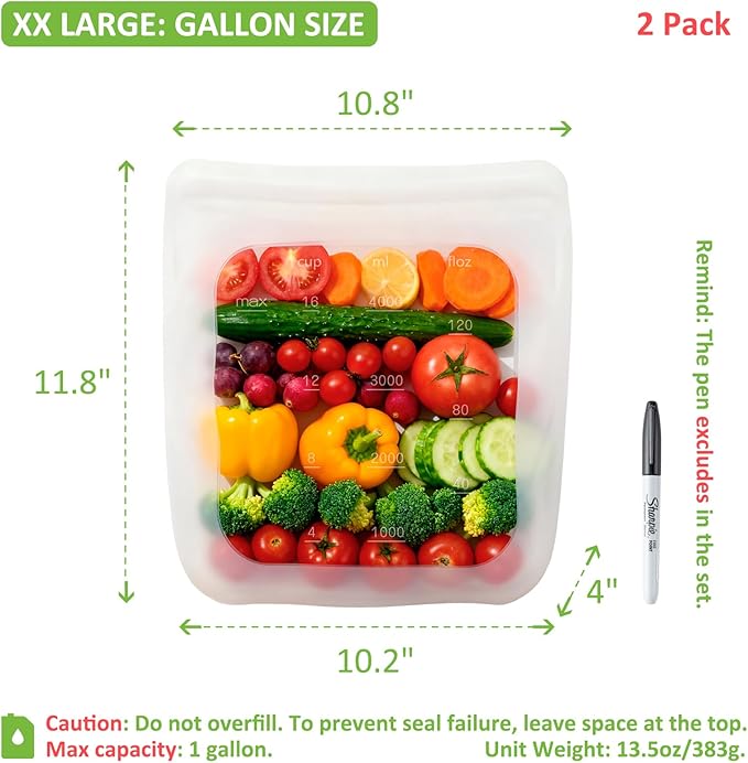 100% Silicone Gallon Freezer Bags, Extra Large Reusable 1 Gallon Silicone Storage Bags Stand-Up Zip-Lock Leakproof for Bulk Food & Large Portions, Freezer Microwave Sous Vide Dishwasher Safe, 2 Pack