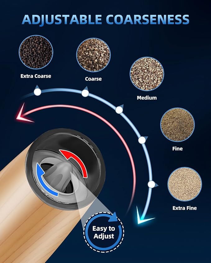 XinXu Gravity Electric Pepper Grinder, Salt or Pepper Mill & Adjustable Coarseness, with LED Light, One Hand Automatic Operation (Set/WoodGrain)