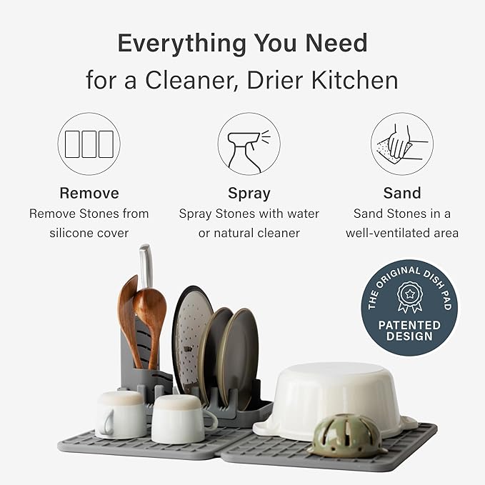 Dorai Home Collapsible Dish Drying Rack and Stone Dish Pad – Large Foldable Drying Rack with Instant - Dry Stone Mat –Space-Saving Drainer Rack for Kitchen Counter - 24.6" x 16.5", Slate