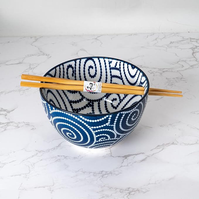 Urban Tokyo Porcelain Japanese Motif Design Ramen Udon Noodle Rice Bowl With Chopsticks 20 fl oz 6 inch Diameter Bowl Sets Color Box Packaging (Brush Swirl)