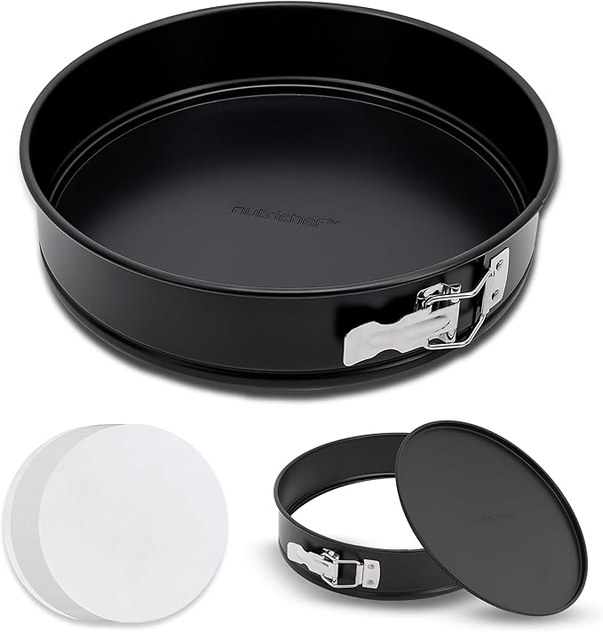 NutriChef 9 Inch Nonstick Cheesecake Springform Cake Pan | Stainless Steel Clasp & Removable Bottom | Durable Stainless Steel Cheesecake Pan | Easy to Clean | Includes 100 Parchment Papers | Black