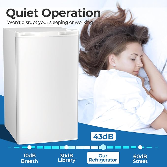 3.2 Cu.ft Mini Fridge with Freezer, Compact Refrigerator with Reversible Single Door, Adjustable Thermostat, Low Noise, Energy Efficient for Office, Dorm, Bedroom, Apartment (WHITE)