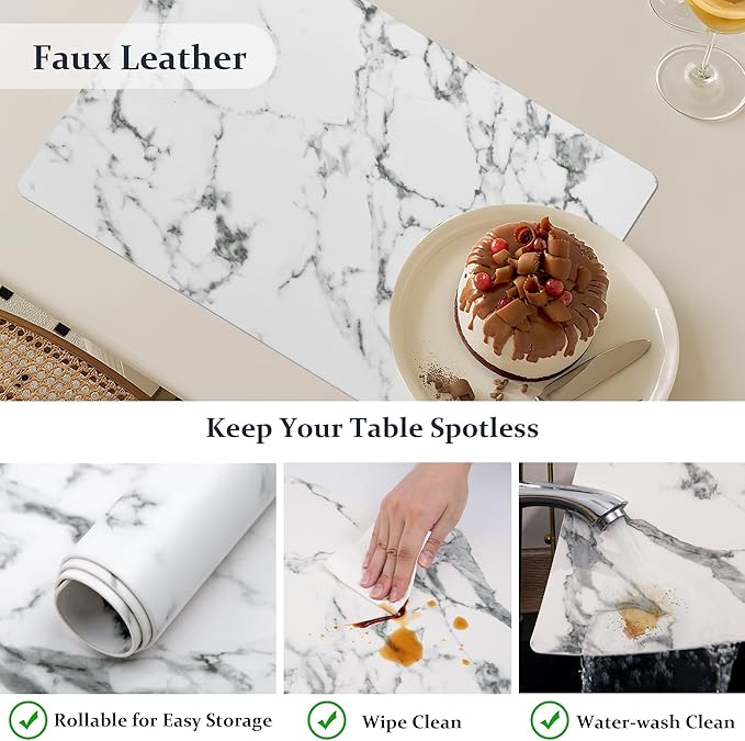 FROMHEART Faux Leather Placemats Set of 8–Waterproof,Heat/Oil Stain-Resistant PU Table Mat–Reversible,Easy to Clean Place Mats for Kitchen,Dining,Indoor/Outdoor,(Marble,11.8" x 17")