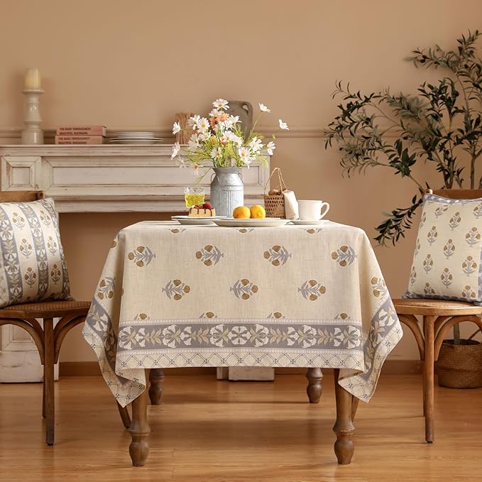 patdrea Designer Beige Tablecloth for Rectangle Tables,Vintage Linen with Yellow Flowers Pattern Tablecloths,Rustic Floral Table Cover Cloth Decor for Kitchen Dining Christmas,63"*110"