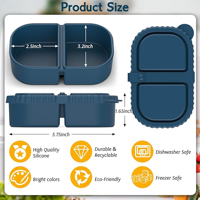 3 Pack Reusable Silicone Snack Containers with Lids, Mini Containers 2 Compartments, Portable Silicone Food Storage Box for Picnic, School, Office (3)