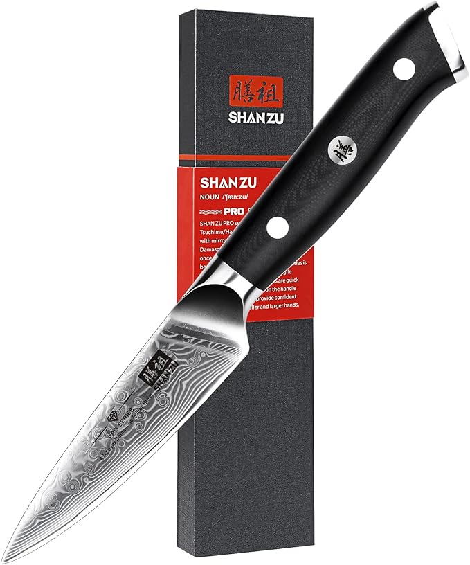SHAN ZU 4 Inch Paring Knife, Japanese Steel Damascus Professional Kitchen Knives High Carbon Super Steel Carving Knife with Gift Box