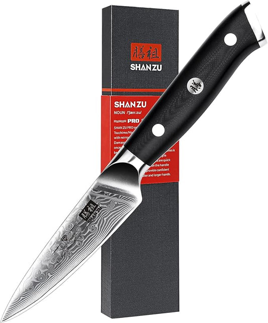 SHAN ZU 4 Inch Paring Knife, Japanese Steel Damascus Professional Kitchen Knives High Carbon Super Steel Carving Knife with Gift Box