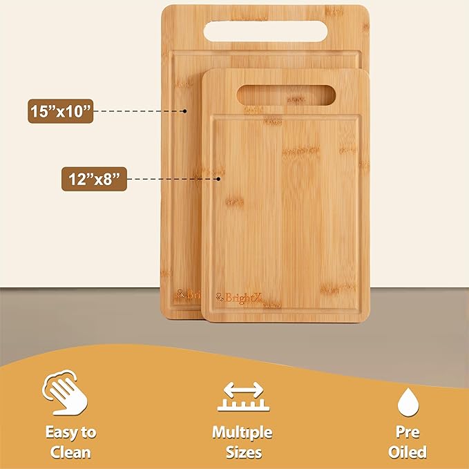 BRIGHTX Large and Small Cutting Boards for Kitchen - [15" x 10", 12"x8"] Chopping Boards for Kitchen, Large Wooden Cutting Board, Non Toxic Cutting Boards | Non-Toxic Bamboo Wood Cutting Board Set