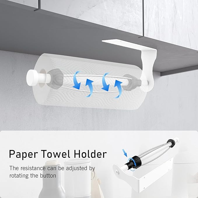 SetSail Paper Towel Holder, Paper Towel Holder Under Cabinet with Adjustable Damper Easy Tear Wall Mount Self-Adhesive or Drilled for Kitchen Bathroom, White
