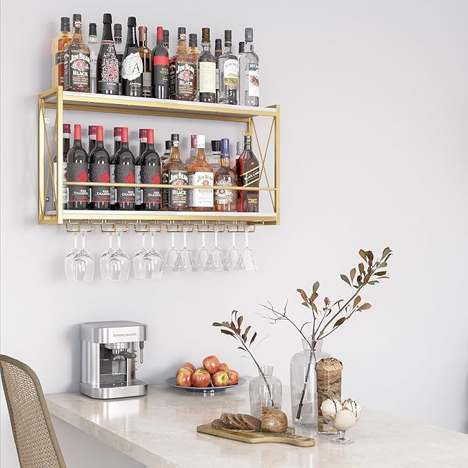 Dokser Wine Rack Wall Mounted Shelf - 2 Tier, Rustic Wood & Industrial Iron Frame Wine Bottle Holder for Kitchen, Dining Room, Home Bar Decor (Gold)