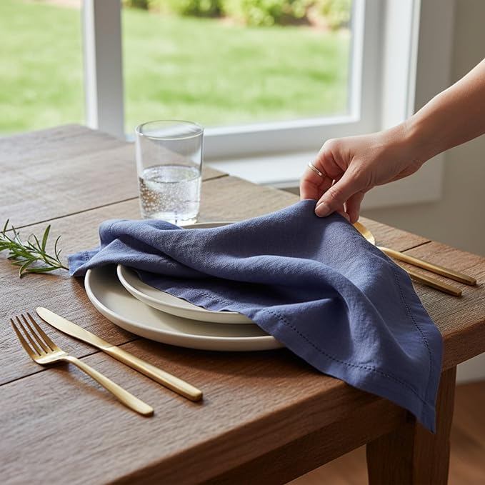 Hemstitched Linen Napkins – 20 Inch x 20 Inch – Stonewashed Pure Linen Cloth Dinner Napkins with Mitered Corners - 100% French Flax – Machine Washable - Set of 4 (Soft Blue)