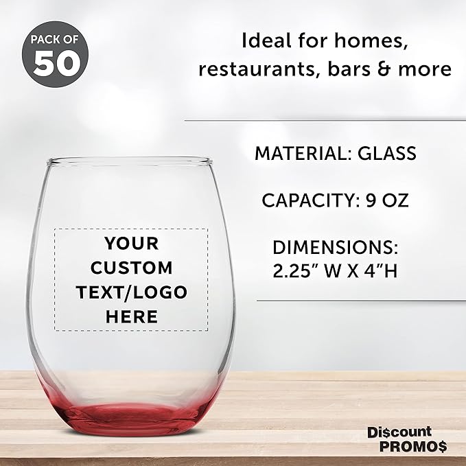 Custom Stemless Wine Glass 9 oz. Set of 50, Personalized Bulk Pack - Great for Wedding Favors, Bachelorette Party Decorations, Party Favors, Color Bottom - Red