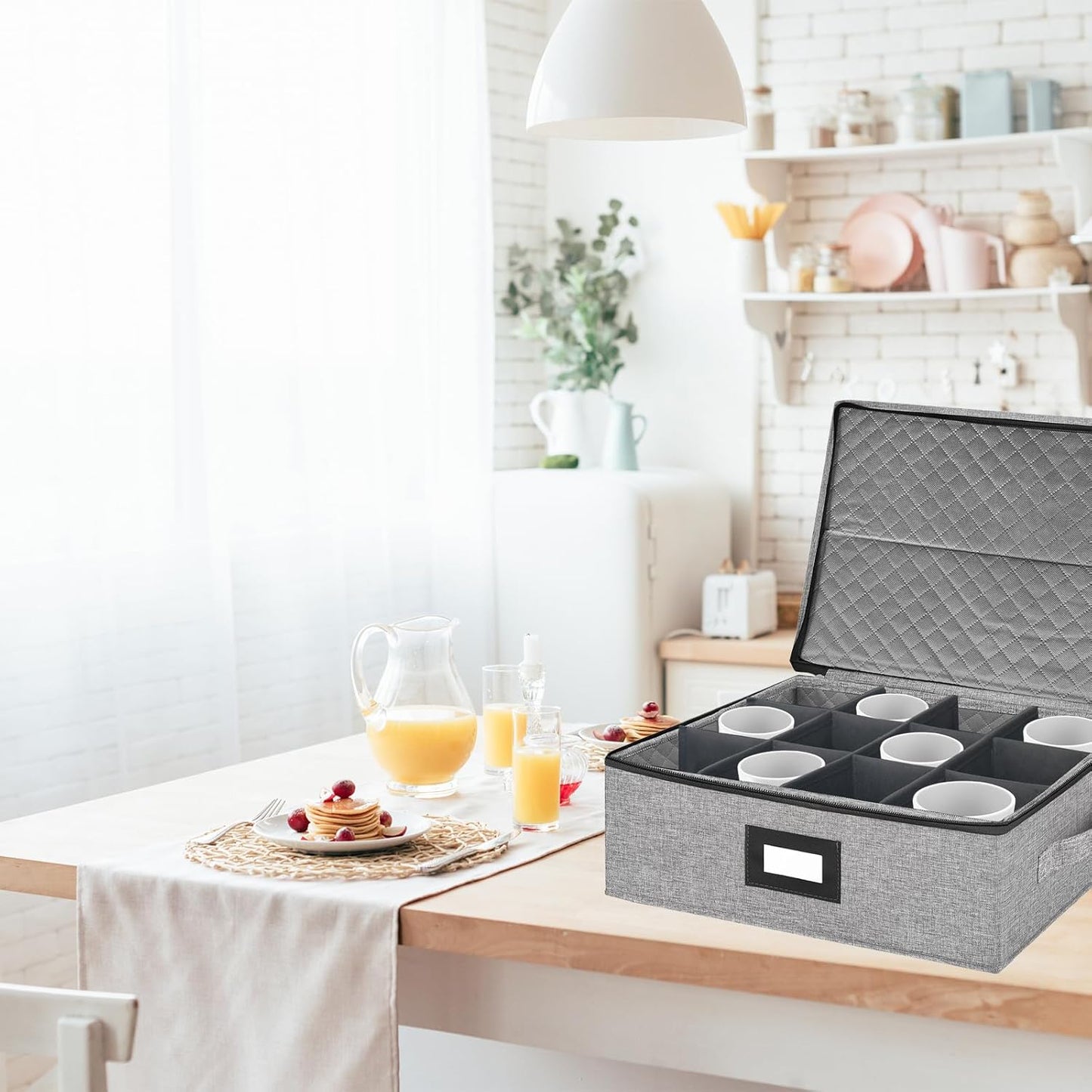 Coffee Mug Storage Box with Dividers, Durable China Storage Containers for Coffee Mugs, Tea Cups Storage Organizer with Lid, Handles, Label Window, Holds 12 Mugs, Hard Shell and Stackable (Grey)