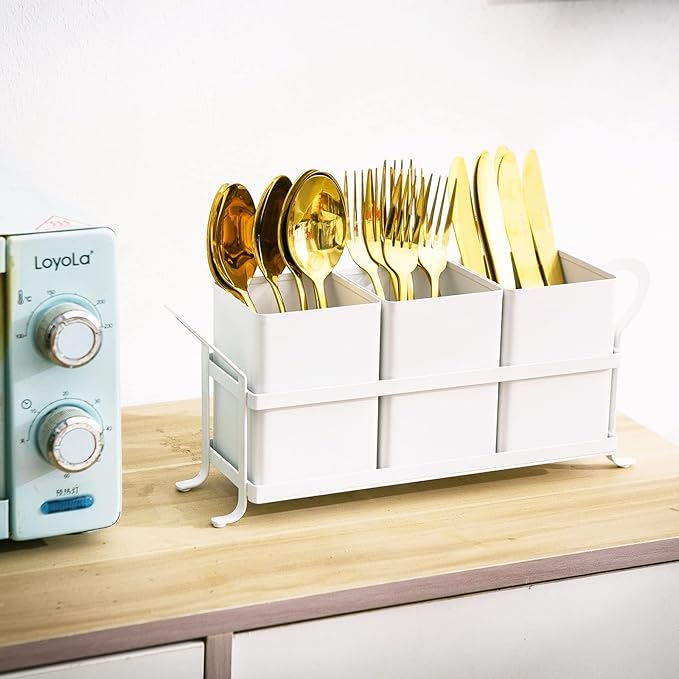 White Metal Utensil Caddy, 3 Compartments, Portable Design, Perfect for Countertop, Outdoor, and Camping