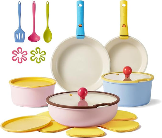 CAROTE 20pcs Ceramic Cookware Set Detachable Handle,Pots and Pans Set Nonstick,Induction Kitchen Cookware with Removable Handle,RV Dishwasher ＆ Oven Safe, PFOA Free
