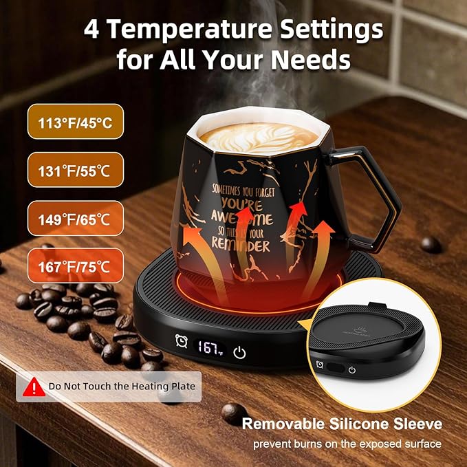 Coffee Mug Warmer & Awesome Diamond Mug Set, 8H Smart Auto Shut Off Electric Coffee Cup Warmer for Desk Office Home, 4 Temperature Setting Candle Heater Tea Beverage Coffee Warmer Plate for Women Men