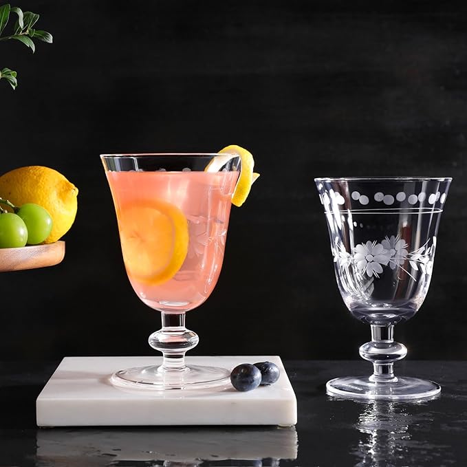 Premium Delight Vintage Wine Glasses Set of 4, 10 oz – Hand-Blown with Etched Stem, Classic Glassware for Weddings, Dinners, and Holiday Gifting (Vintage Goblets)