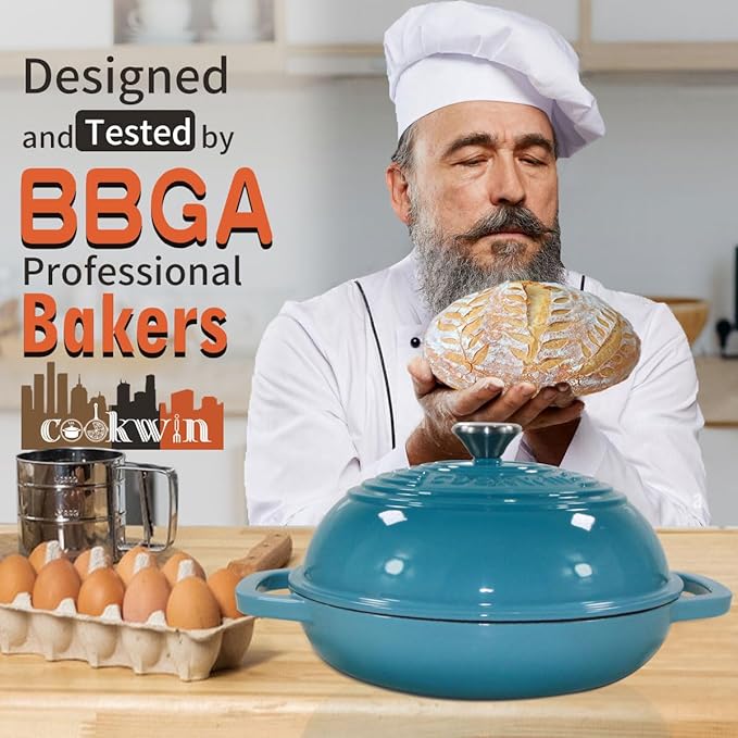 Enameled Cast Iron Dutch Oven with Lid,11" Bread Pan Baking Kit,6 Quart Enamel Bread Pan,Dutch Oven for Sourdough Baking-with Silicone Mat,Teal Thick Enamel Oven Pan-Gifts for Family