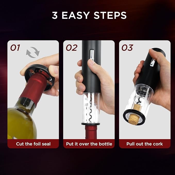 Electric Bottle Wine Opener Set, Automatic Electronic Corkscrew with Blue Led Indicator, Vacuum Stopper, Pourer, and Foil Cutter, Perfect for Home, Party and Wedding, Rechargeable