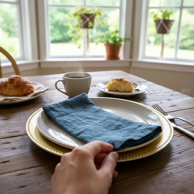 Hemstitched Linen Napkins – 20 Inch x 20 Inch – Stonewashed Pure Linen Cloth Dinner Napkins with Mitered Corners - 100% French Flax – Machine Washable - Set of 4 (Soft Teal Blue)