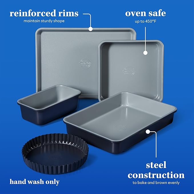 Sur La Table Kitchen Essential Carbon Steel Baking Pans Bakeware Set W/Premium PFOA, PFAS, PTFE Free Grey Nonstick Interior - Black Exterior