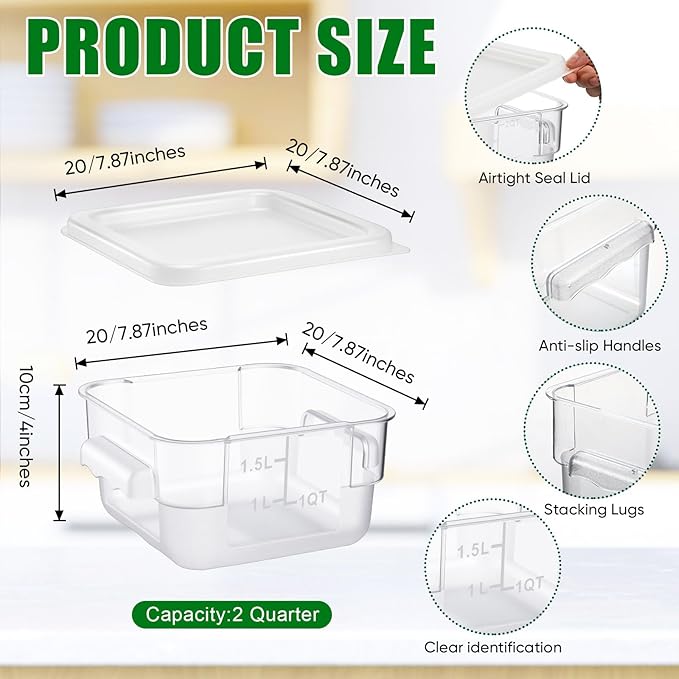 2 Pieces Square Food Storage Containers Polycarbonate Clear food Container with Lid Commercial Storage with Graduations for Commercial Kitchen Dough Marinating Meat(White,2 Qt)