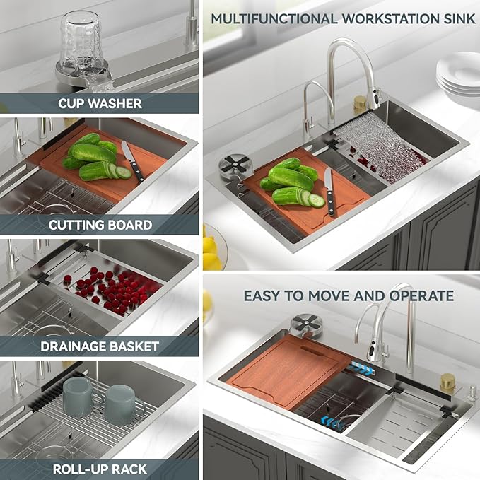 Lordear 33 Watefall Drop In Kitchen Sink 33x19x9 Inch Topmount Sink Stainless Steel 16 Gauge Single Bowl Multifunctional Workstation Sinks with Built-in Accessories,Glass Rinser and Faucet Included