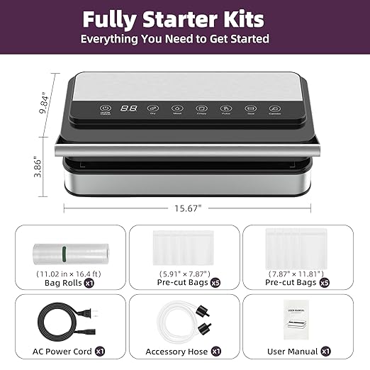 10-In-1 Vacuum Food Sealer Machine, 85Kpa 200W Automatic Food Sealer, Low Noise Food Vacuum Saver with Sealer Bags, Roll, Build-in Cutter, Handheld and Compact Design with Digital Timer