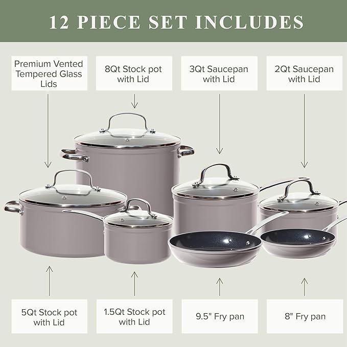 Nuwave Healthy Duralon Blue Ceramic Nonstick Cookware Set, Diamond Infused Scratch-Resistant, PFAS Free, Dishwasher & Oven Safe, Induction Ready & Evenly Heats, Tempered Glass Lids & Stay-Cool Handles