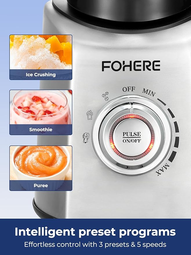 FOHERE Professional Blender Peak 1200W, Countertop Blender with 3 Presets＆ 5 Speeds for Smoothies, Shakes, and Frozen Drinks, 50 Oz Glass Jar ＆20 Oz Tritan Jug