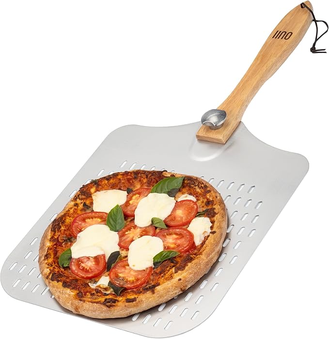 Perforated Pizza Peel - 16 x 14-inch Aluminum Spatula Paddle for Extra Large Pizzas. Foldable Wood Handle for Easy Storage, Pizza Oven Accessories. Premium Tool for Baking Homemade Pizza Pies.