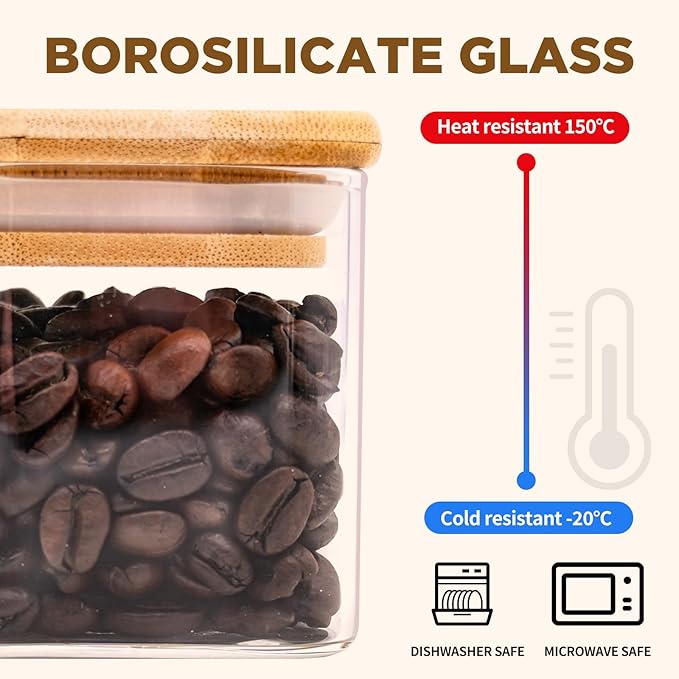 Glass Food Storage Jars Square 44oz, 3 Pack Glass Jars With Bamboo Lids, Kitchen Storage Containers For Spice, Candy, Cookie, Storage For Pantry Organizers