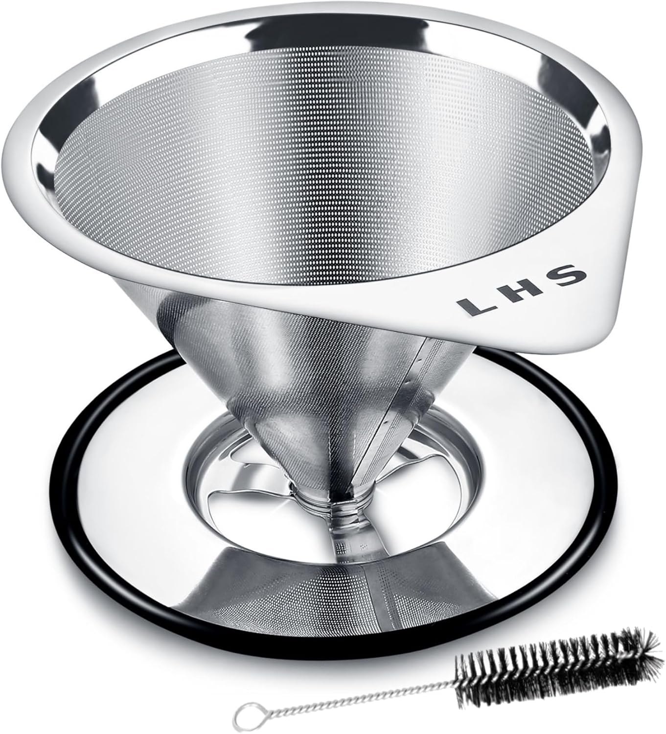 LHS Pour Over Coffee Dripper Stainless Steel Coffee Filter Metal Cone Filter Paperless Reusable Coffee Filter Single Cup Coffee Maker 1-2 Cup With Non-slip Cup Stand and Cleaning Brush