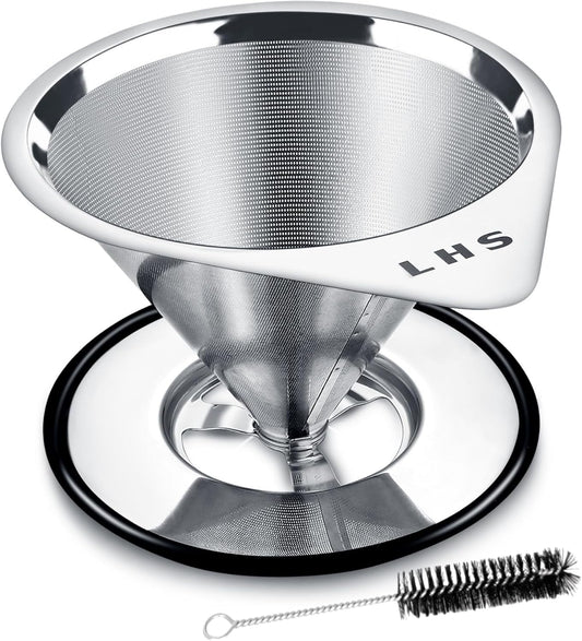 LHS Pour Over Coffee Dripper Stainless Steel Coffee Filter Metal Cone Filter Paperless Reusable Coffee Filter Single Cup Coffee Maker 1-2 Cup With Non-slip Cup Stand and Cleaning Brush