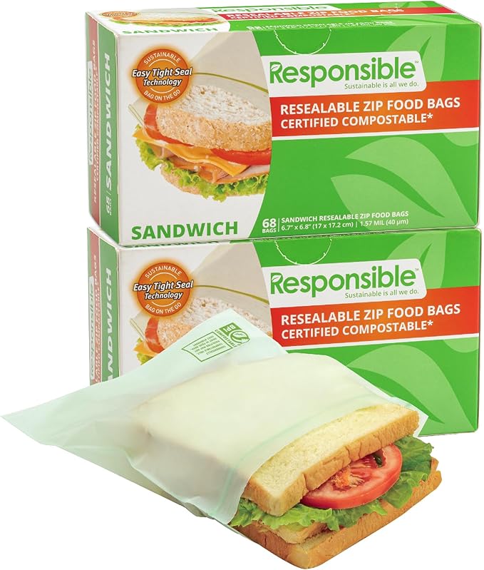 Certified Compostable SANDWICH Resealable Zip Bag, Extra Strength Food Bags, Made from Plant Materials (136 Pack)