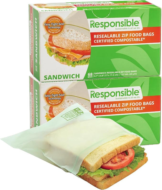 Certified Compostable SANDWICH Resealable Zip Bag, Extra Strength Food Bags, Made from Plant Materials (136 Pack)