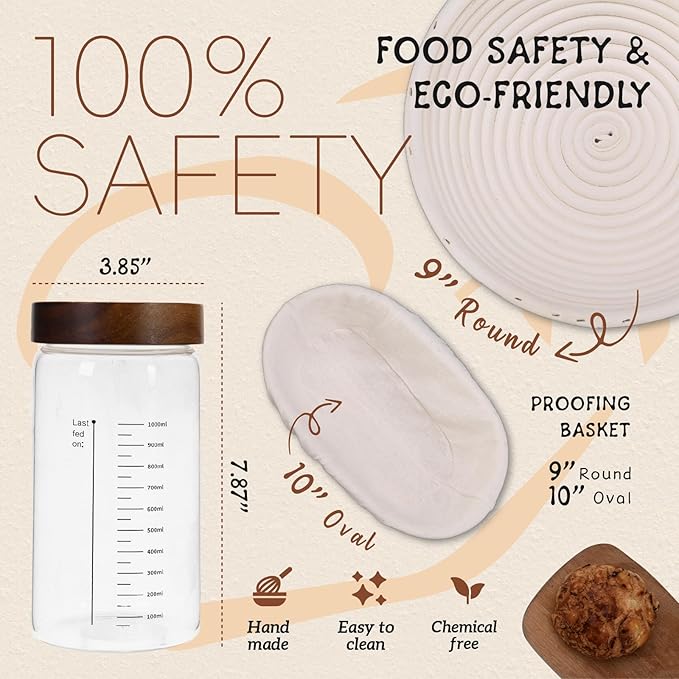 Sourdough Bread Baking Supplies and Starter Kit (2 rattan Banneton Bread Proofing Baskets and a jar)