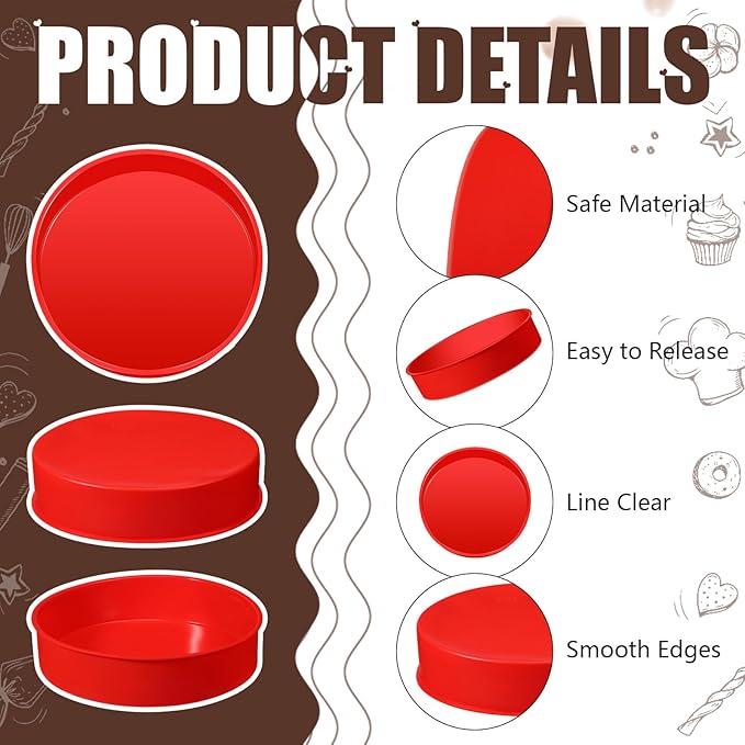 2 Pcs Silicone Cake Pan Round Baking Cake Molds Non-stick Quick Release Suitable for Cheesecake Puddings Party Favors(Red,10 Inches)