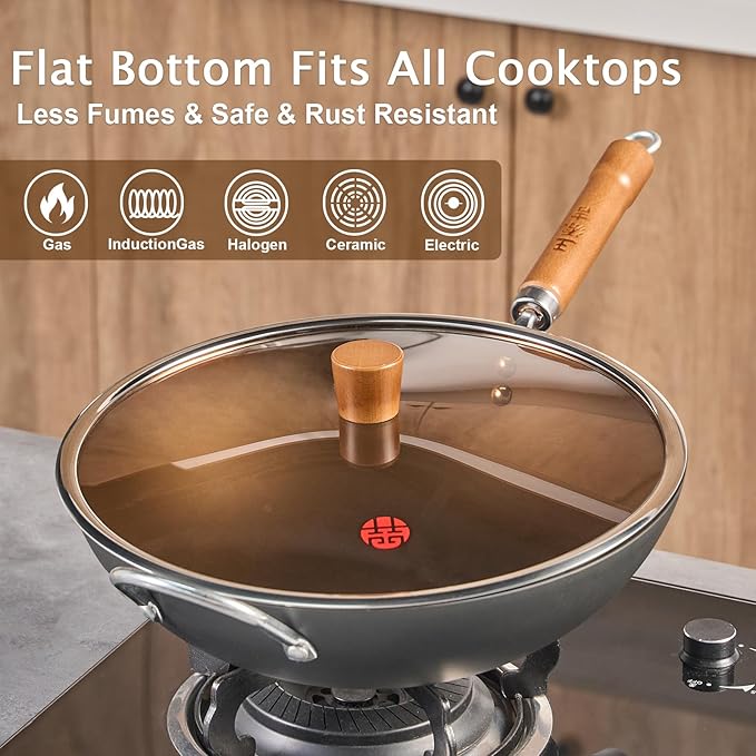 WANGYUANJI Iron Wok,12.59 inch Woks for Stir-fry, Chinese Stir Fry Pan Uncoated, Traditional Flat Bottom Iron Pot for Induction, Electric, Gas, Suitable for All Stoves(Pure Iron Wok)