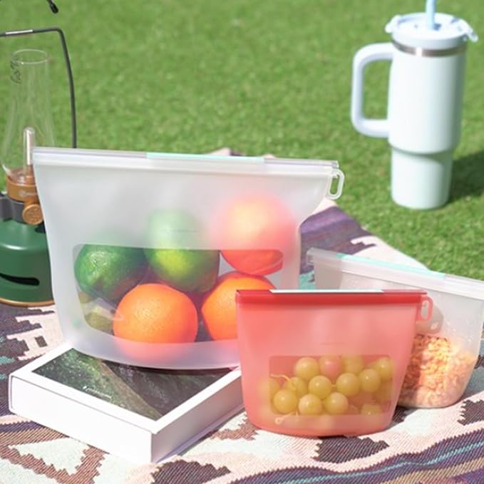 Reusable Silicone Food Storage Bags 4-Pack with 1 Sandwich, 1 Lunch, 1 Half-Gallon and 1 Gallon, Multi-Use & Sous Vide Stand-Up Container for Soup and Leftovers, Microwave, Dishwasher and Freezer Safe