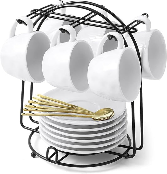 Yedio 4 oz Espresso Cups with Saucers and Metal Stand, Spoons, Porcelain Stackable Coffee Cups, Demitasse Cups, Perfect for Single or Double Espresso, Cappuccino, Latte and Tea - Set of 6, White