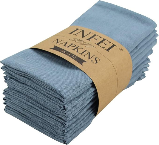 Solid Color Polyester Linen Blended Thin Dinner Cloth Napkins - Set of 12 (40 x 40 cm) - for Events & Home Use (Airy Blue)